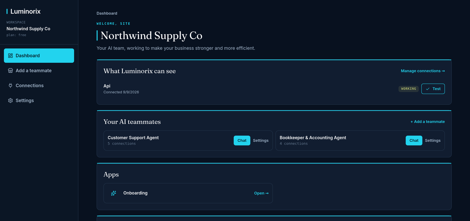 The Luminorix workspace dashboard: connected systems with their live status, and the AI agents ready to chat